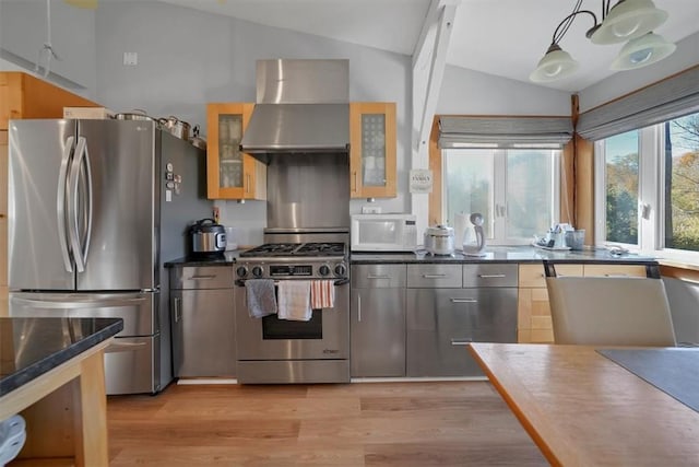 kitchen with hanging light fixtures, stainless steel appliances, ventilation hood, light hardwood / wood-style floors, and vaulted ceiling