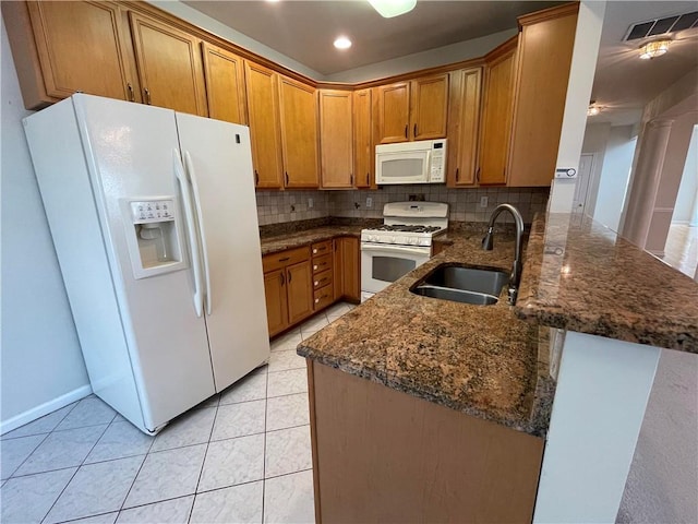 kitchen featuring white appliances, sink, decorative backsplash, dark stone countertops, and kitchen peninsula