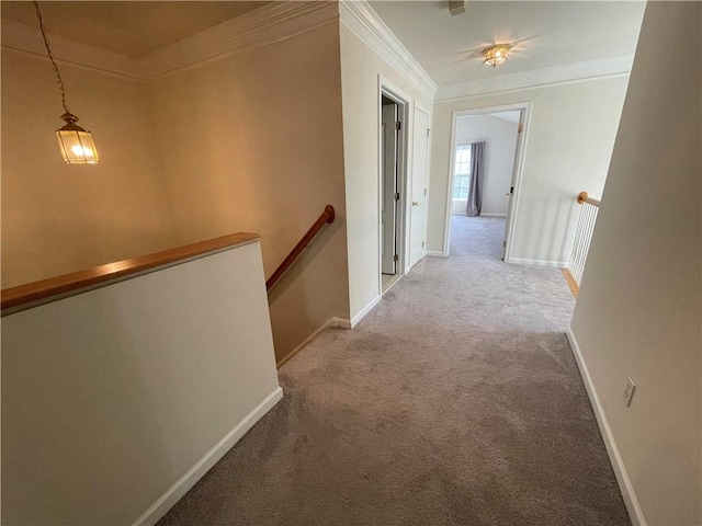 hallway with carpet flooring and crown molding