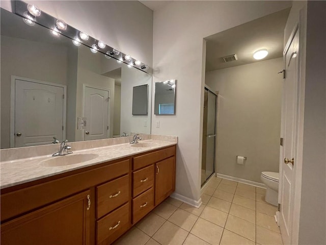 bathroom with tile patterned floors, vanity, toilet, and walk in shower