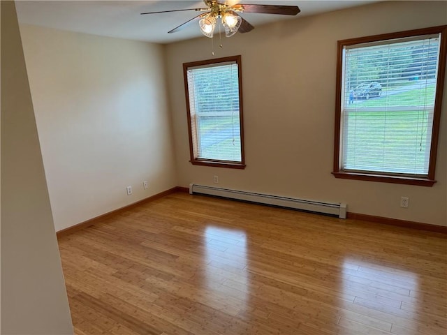 empty room with plenty of natural light, light hardwood / wood-style floors, and a baseboard radiator