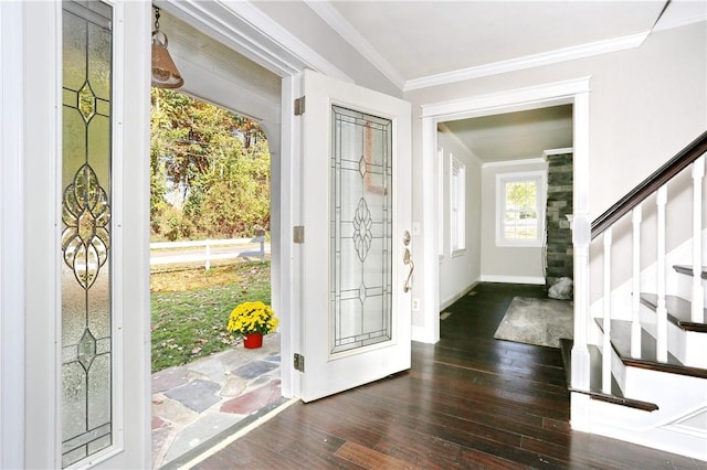 foyer featuring dark hardwood / wood-style floors and crown molding