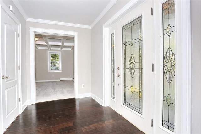 foyer with beamed ceiling, a baseboard radiator, coffered ceiling, and ornamental molding