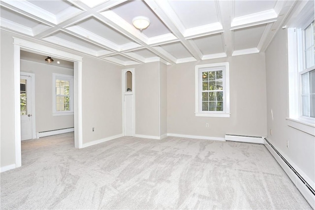 empty room featuring light carpet, a baseboard radiator, and plenty of natural light