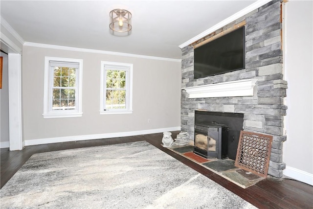 living room with dark hardwood / wood-style flooring, a wood stove, and crown molding