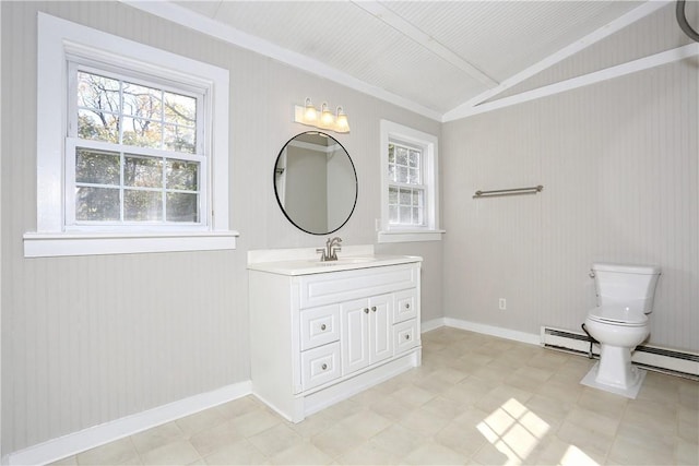 bathroom with wooden walls, vanity, a healthy amount of sunlight, and lofted ceiling