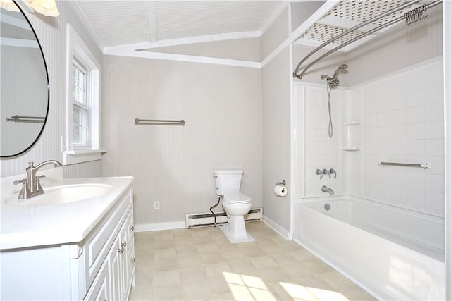 full bathroom with baseboard heating, vanity, tiled shower / bath combo, and toilet