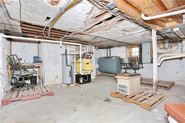 basement with electric water heater and electric panel