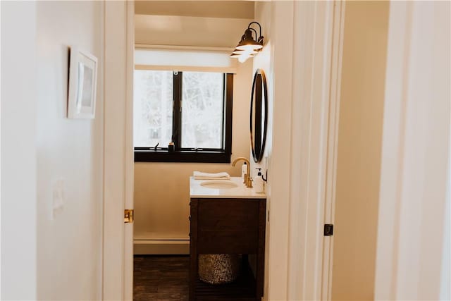 bathroom with hardwood / wood-style flooring, vanity, and a baseboard heating unit