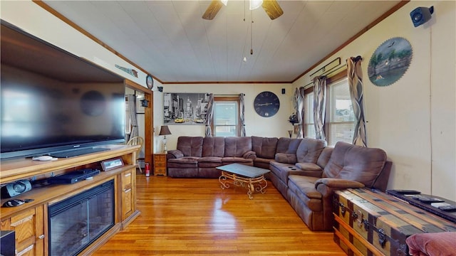 living room with ceiling fan, light hardwood / wood-style floors, and ornamental molding