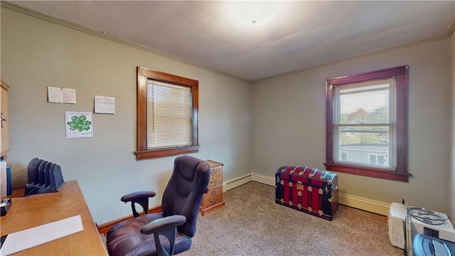 carpeted office space with baseboard heating and ornamental molding