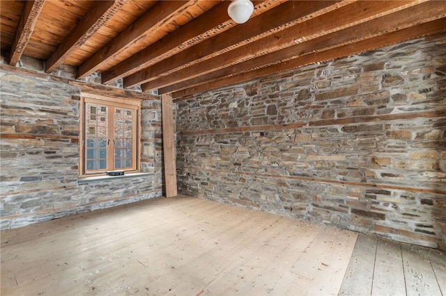 interior space with beam ceiling and wooden ceiling