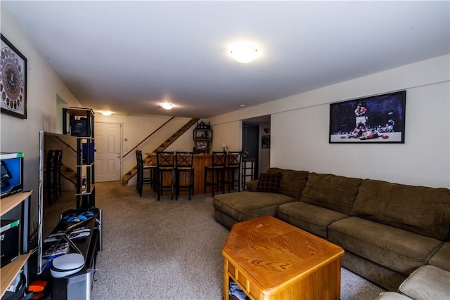 living room featuring bar and carpet