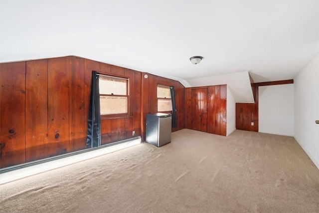 additional living space with wood walls, light colored carpet, and a baseboard radiator