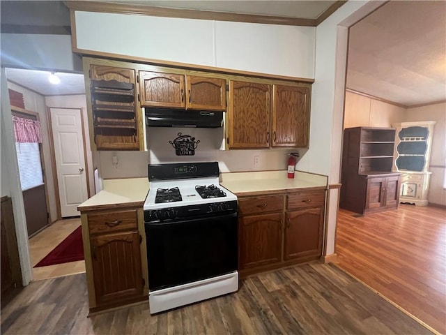 kitchen featuring white stove, dark hardwood / wood-style floors, and ornamental molding