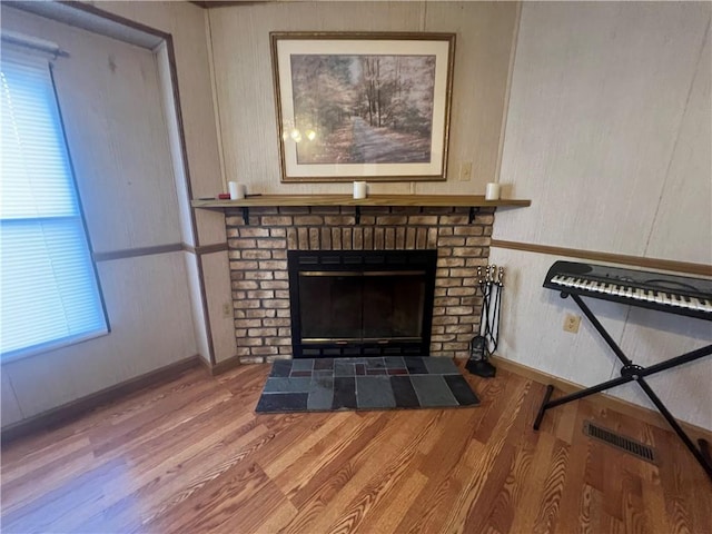 details featuring a fireplace and wood-type flooring