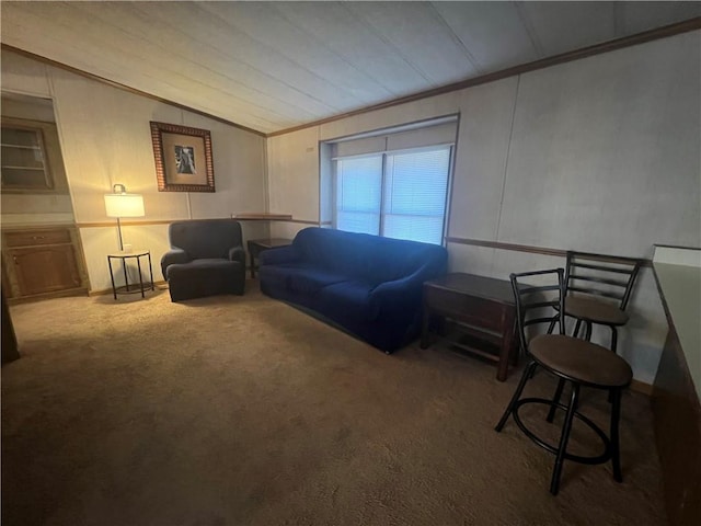 living room featuring ornamental molding, light carpet, and vaulted ceiling