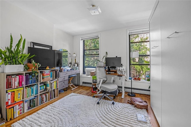 office space featuring hardwood / wood-style flooring and a baseboard radiator