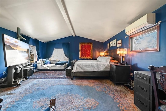 bedroom with lofted ceiling with beams, a wall mounted air conditioner, and dark carpet