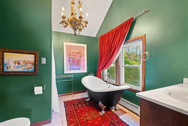 bathroom with a bath, an inviting chandelier, tile patterned floors, vaulted ceiling, and a baseboard radiator