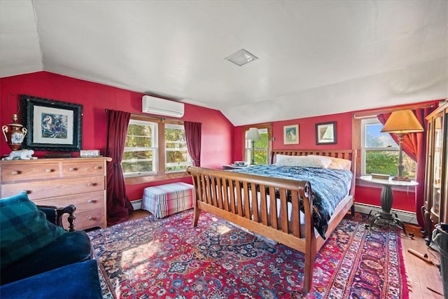 bedroom with a wall mounted AC, vaulted ceiling, and multiple windows