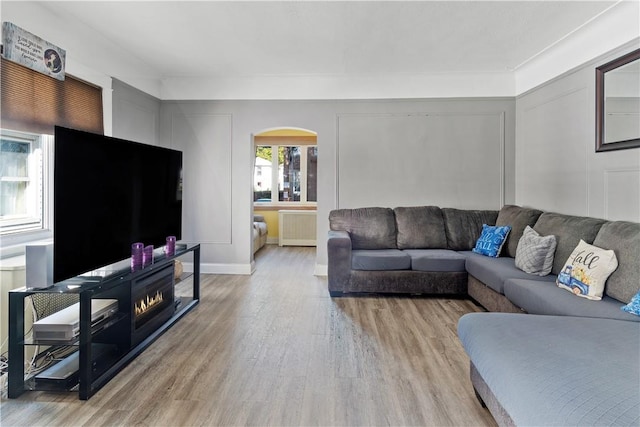 living room featuring radiator heating unit and light hardwood / wood-style flooring