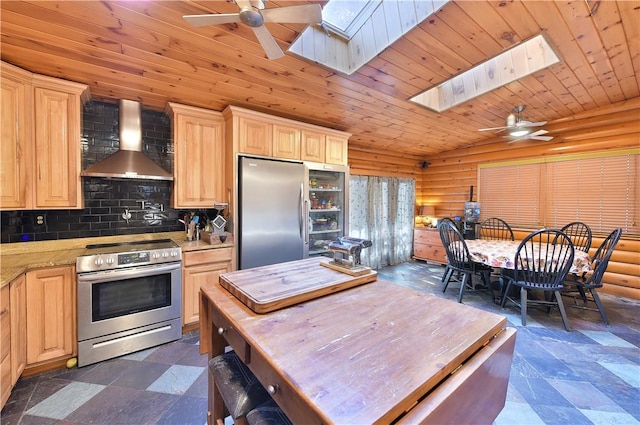 kitchen featuring wooden ceiling, wall chimney exhaust hood, light brown cabinetry, tasteful backsplash, and appliances with stainless steel finishes