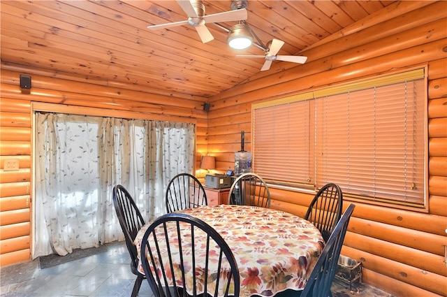 dining room with rustic walls, ceiling fan, wooden ceiling, and lofted ceiling