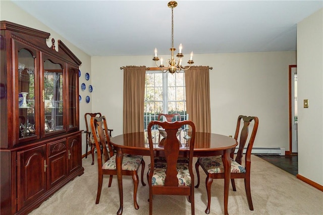 carpeted dining room with a baseboard radiator and an inviting chandelier