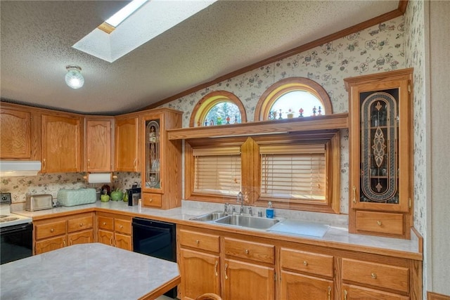 kitchen with range with electric cooktop, a skylight, a textured ceiling, dishwasher, and range hood