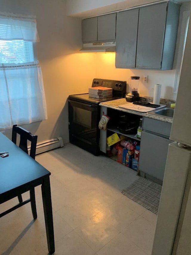 kitchen with electric range, sink, gray cabinetry, and baseboard heating