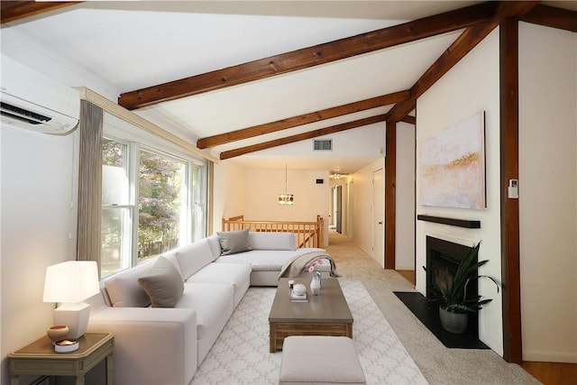 living room with vaulted ceiling with beams and a wall unit AC