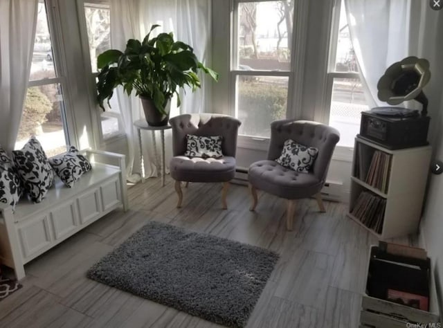 living area featuring a wealth of natural light and a baseboard radiator