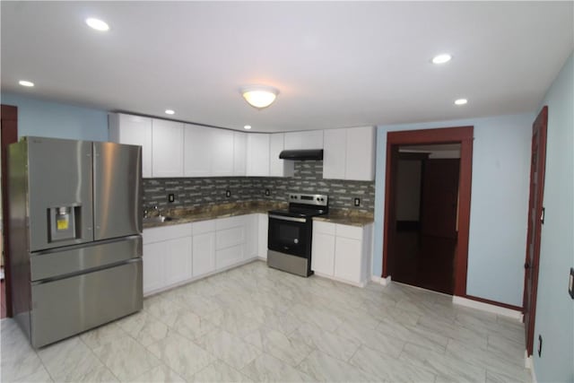 kitchen featuring white cabinets, decorative backsplash, and stainless steel appliances