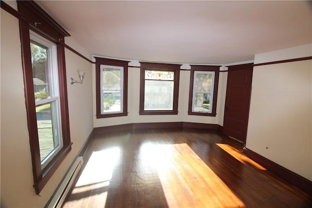 empty room featuring dark hardwood / wood-style floors and baseboard heating