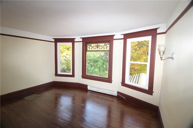 empty room featuring a wealth of natural light, dark hardwood / wood-style flooring, and a baseboard radiator