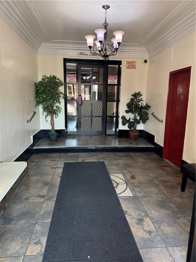 hall with vaulted ceiling and tile walls