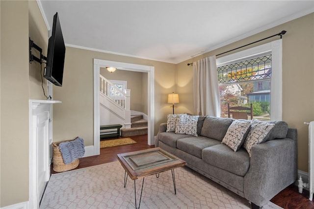 living room featuring wood-type flooring and ornamental molding