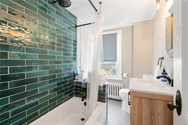 full bathroom with radiator, tile patterned floors, toilet, vanity, and ornamental molding