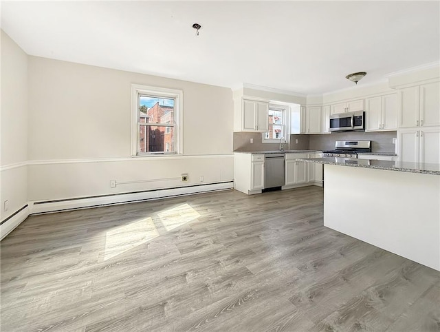 kitchen with white cabinets, sink, light wood-type flooring, baseboard heating, and appliances with stainless steel finishes