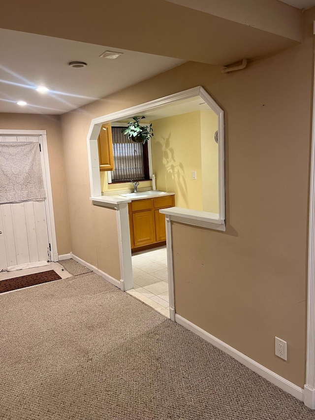 interior space with light carpet and sink