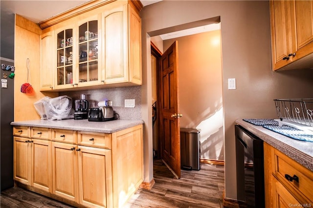 kitchen with decorative backsplash, light brown cabinetry, dark hardwood / wood-style floors, and wine cooler