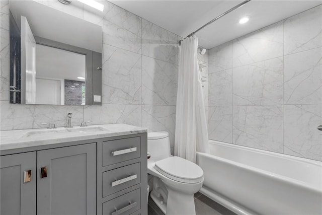 full bathroom with shower / bath combo, backsplash, vanity, tile walls, and toilet