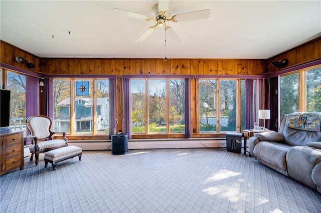 sunroom / solarium with ceiling fan, a healthy amount of sunlight, and a baseboard radiator