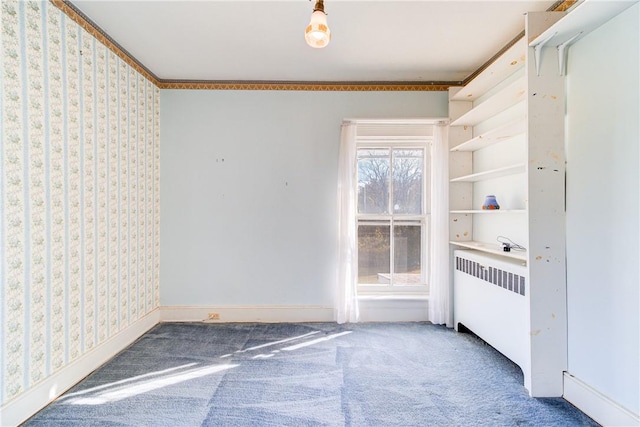 empty room with radiator heating unit, carpet floors, and ornamental molding