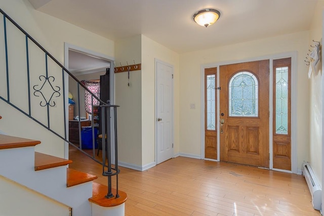 foyer entrance featuring light hardwood / wood-style floors and a baseboard radiator