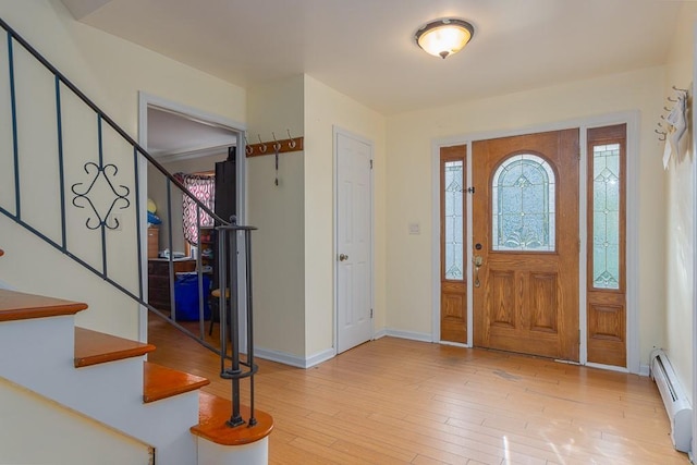 4 Newport Dr, Nanuet, NY 10954 - entrance foyer featuring a baseboard radiator, stairs, light wood-style floors, and baseboards
