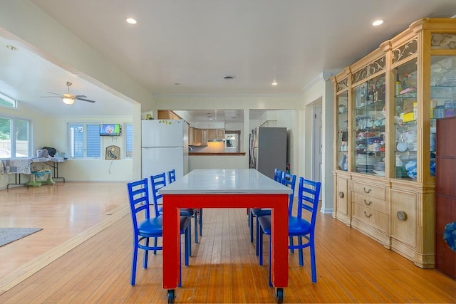 4 Newport Dr, Nanuet, NY 10954 - dining space featuring light wood-type flooring, a ceiling fan, recessed lighting, ornamental molding, and baseboards