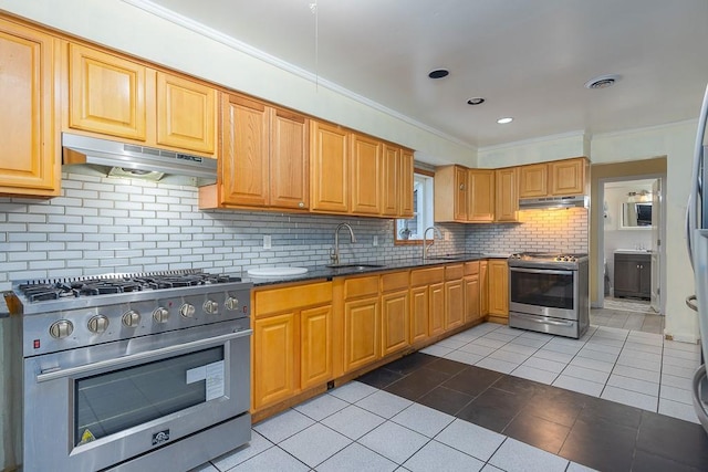 4 Newport Dr, Nanuet, NY 10954 - kitchen with high end stove, stainless steel range oven, under cabinet range hood, a sink, and ornamental molding