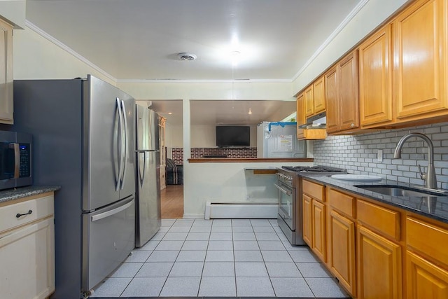 4 Newport Dr, Nanuet, NY 10954 - kitchen with a baseboard heating unit, appliances with stainless steel finishes, a sink, under cabinet range hood, and tasteful backsplash